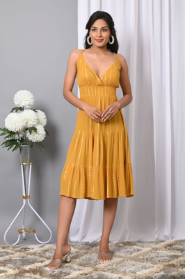 VYMO Women Fit and Flare Yellow Below Knee Dress