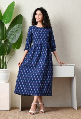 ichaa Women A-line Blue Midi/Calf Length Dress