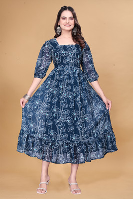 HouseOfCommon Women Ethnic Dress Blue Knee Length Dress