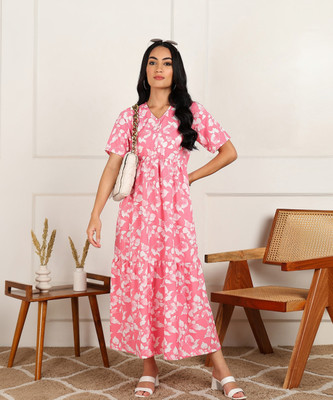 FashFun Women Fit and Flare Pink Maxi/Full Length Dress