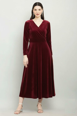 TRUE WESTIES Women Fit and Flare Maroon Maxi/Full Length Dress