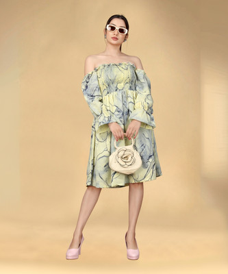 Go4Fashion Women A-line Yellow, Blue, Dark Blue Knee Length Dress