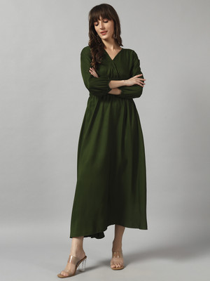 Jash Creation Women Fit and Flare Light Green Midi/Calf Length Dress