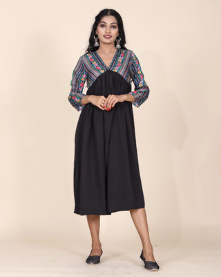 METRONAUT Women A-line Black Midi/Calf Length Dress