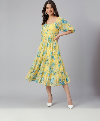 Janasya Women Fit and Flare Yellow Midi/Calf Length Dress