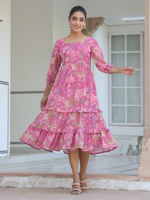 Janasya Women Tiered Pink Midi/Calf Length Dress