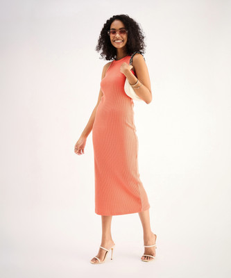 SASSAFRAS Women Bodycon Orange Midi/Calf Length Dress