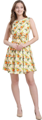 HouseOfCommon Women Skater Yellow Above Knee/Mid Thigh Length Dress
