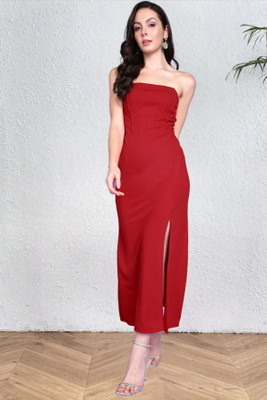 POPWINGS Women A-line Red Maxi/Full Length Dress
