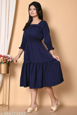 YOGITACREATIONN Women Fit and Flare Dark Blue Below Knee Dress