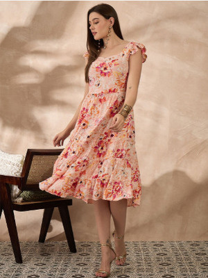 all about you Women A-line Beige Midi/Calf Length Dress
