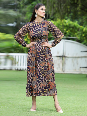Juniper Women Fit and Flare Multicolor Midi/Calf Length Dress