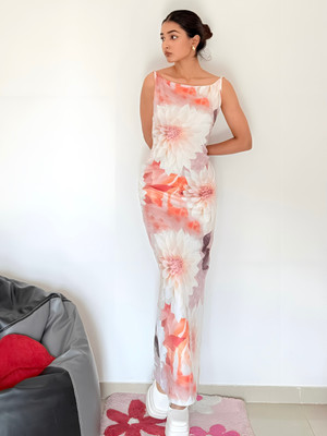 TANDUL Women Bodycon White, Orange Maxi/Full Length Dress