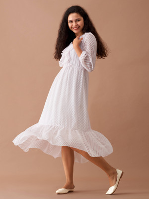 AASK Women Fit and Flare White Midi/Calf Length Dress