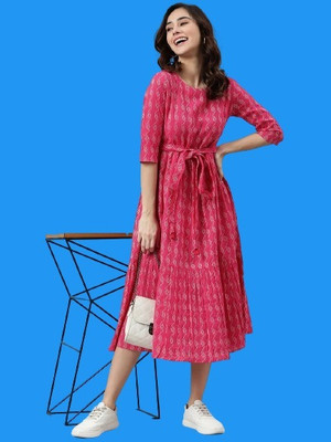GULABI NAGRI Women A-line Pink, White Midi/Calf Length Dress