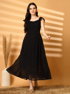 AAYU Women Fit and Flare Black Maxi/Full Length Dress