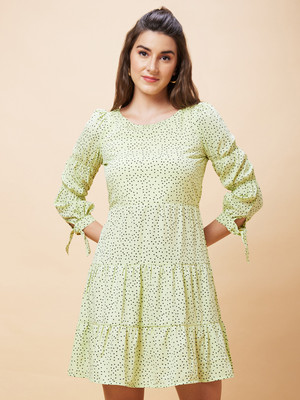 Globus Women Fit and Flare Green, Black Above Knee/Mid Thigh Length Dress