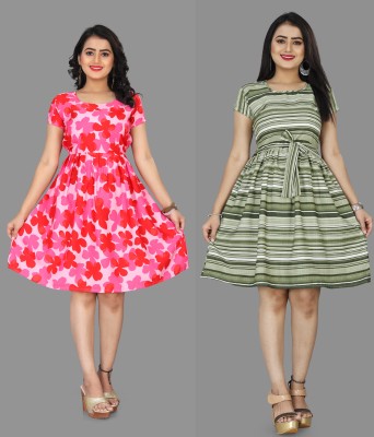 Rudra Fab Women A-line Pink, Light Green Dress