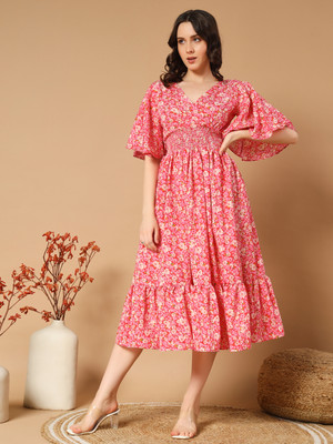 ZWERLON Women A-line Pink Midi/Calf Length Dress