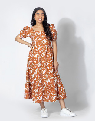 Dressberry Women Tiered Yellow Midi/Calf Length Dress