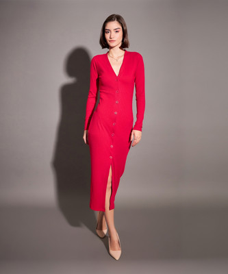 SASSAFRAS Women Bodycon Pink Midi/Calf Length Dress