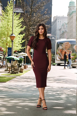 Dwarros Women Bodycon Maroon Midi/Calf Length Dress