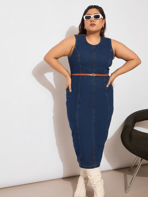 SASSAFRAS Curve Women Bodycon Dark Blue Midi/Calf Length Dress