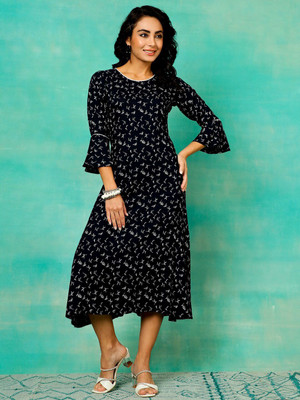 ANOUK Women Fit and Flare Dark Blue Midi/Calf Length Dress
