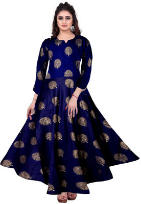 zalya Women Gown Dark Blue, Gold Maxi/Full Length Dress