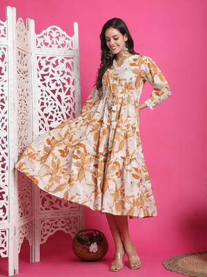 Wonder Weaves Women A-line White, Orange Midi/Calf Length Dress