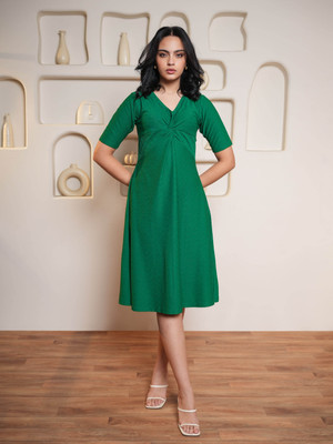 PURVAJA Women A-line Green Midi/Calf Length Dress