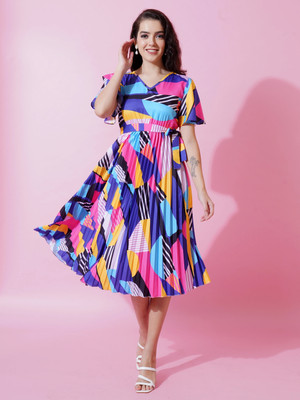 ZWERLON Women A-line Multicolor Midi/Calf Length Dress