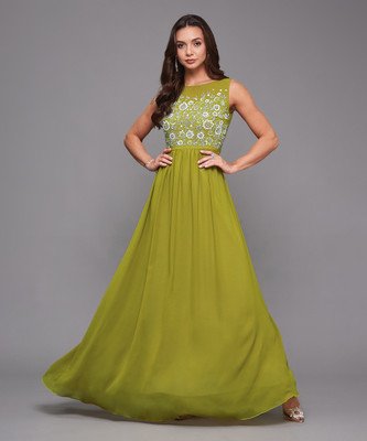 Miss Chase Women Gathered Green Maxi/Full Length Dress