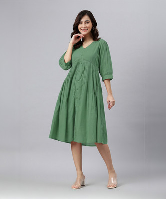 Janasya Women Fit and Flare Green Midi/Calf Length Dress