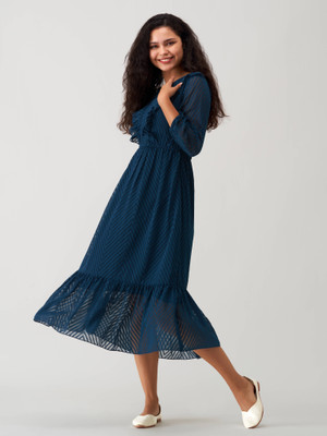 AASK Women Fit and Flare Dark Blue Midi/Calf Length Dress