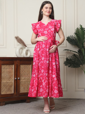 FREMPY Women Fit and Flare Pink Midi/Calf Length Dress