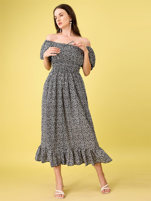 Attire Empire Women Fit and Flare Black Midi/Calf Length Dress