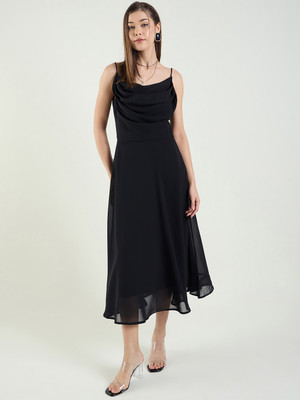METRONAUT Women Fit and Flare Black Midi/Calf Length Dress