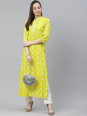 JYOTISHA Women Printed A-line Kurta(Light Green, White)