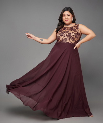 Miss Chase Women Fit and Flare Brown, Maroon Maxi/Full Length Dress