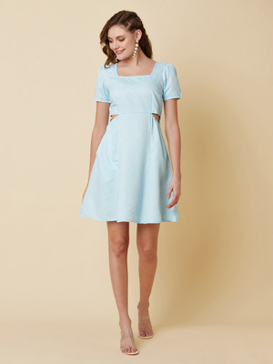 RAASSIO Women A-line Light Blue, White Above Knee/Mid Thigh Length Dress