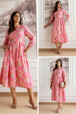 NG Fashion Women Fit and Flare Pink, Orange Midi/Calf Length Dress