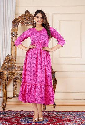 GLAMALUE Women Fit and Flare Pink Maxi/Full Length Dress