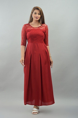 VYMO Women Fit and Flare Red Maxi/Full Length Dress