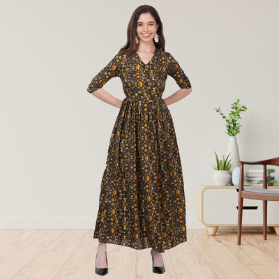 FIRST ARRIVAL Women Fit and Flare Yellow, Black Maxi/Full Length Dress