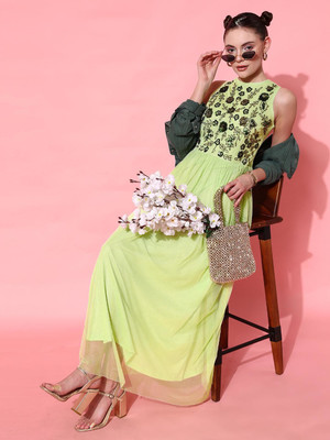 STREET9 Women Fit and Flare Green Maxi/Full Length Dress