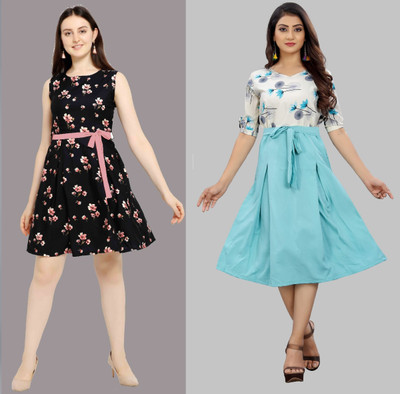Hiral Creation Women Fit and Flare Multicolor Knee Length Dress