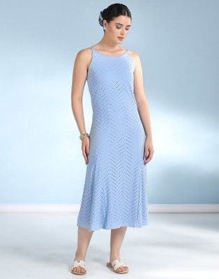 Selvia Women Fit and Flare Light Blue Midi/Calf Length Dress