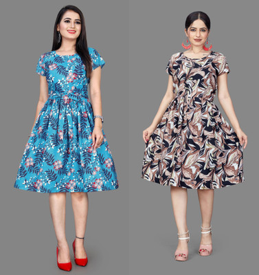 VARUDI Women Fit and Flare Multicolor Below Knee Dress