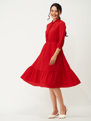 AASK Women Fit and Flare Red Midi/Calf Length Dress